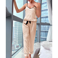 Contrast Binding Bowknot Decor Cami Set - champagne