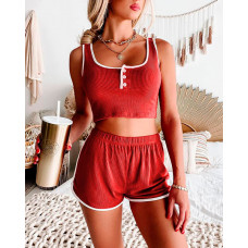 Contrast Binding Buttoned Crop Tank Top & Shorts Set - red