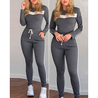 Contrast Binding Colorblock Long Sleeve Top & Drawstring Pocket Pants Set - gray