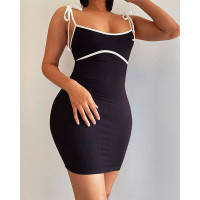 Contrast Binding Knot Shoulder Bodycon Dress - black