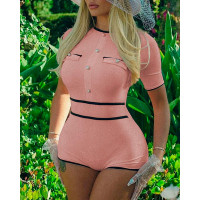 Contrast Binding Ribbed Short Sleeve Romper - pink