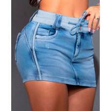 Contrast Binding Ripped Drawstring Denim Skorts - blue