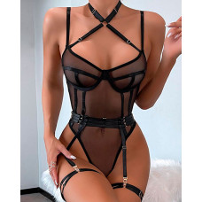 Contrast Binding Sheer Mesh Teddy With Garter Belt - black