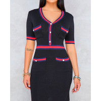 Contrast Binding Striped Tape Mini Dress - black