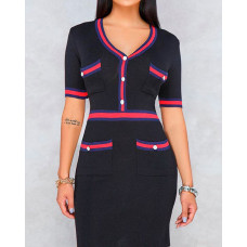 Contrast Binding Striped Tape Mini Dress - black