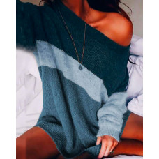 Contrast Color One Shoulder Loose Knitted Sweater - gray