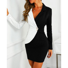 Contrast Color Striped Insert Blazer Dress - white