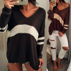 Contrast Color V Neck Split Loose Sweater - black&white,brown