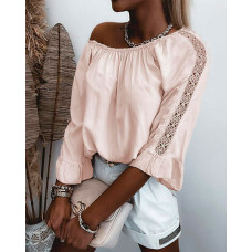 Contrast Guipure Lace Flounce Sleeve Off Shoulder Top - style1