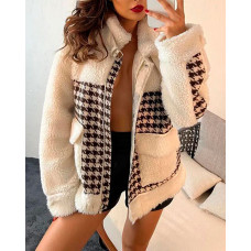 Contrast Houndstooth Long Sleeve Teddy Coat - white