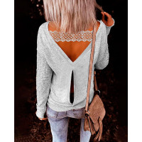 Contrast Lace Backless Long Sleeve Top - light gray