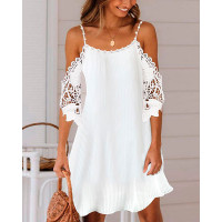 Contrast Lace Beaded Cold Shoulder Casual Dress - white