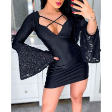 Contrast Lace Bell Sleeve Bodycon Dress - black