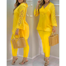 Contrast Lace Bell Sleeve Top & Pants Set - yellow