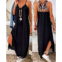 Contrast Lace Butterfly Decor Split Hem Maxi Dress - black