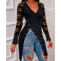 Contrast Lace Button Decor High Split Top - black