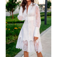 Contrast Lace Button Front Slim Waist Shirt Dress - white