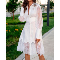 Contrast Lace Button Front Slim Waist Shirt Dress - white