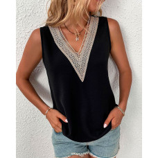 Contrast Lace Casual Tank Top - black