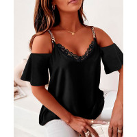 Contrast Lace Chain Decor Cold Shoulder Top - black