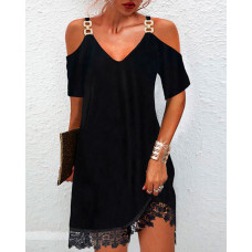 Contrast Lace Cold Shoulder Casual Dress - black