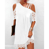 Contrast Lace Cold Shoulder Casual Dress - white