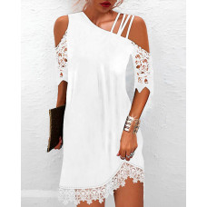 Contrast Lace Cold Shoulder Casual Dress - white