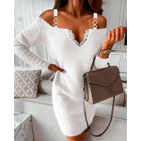 Contrast Lace Cold Shoulder Fluffy Long Sleeve Dress - white