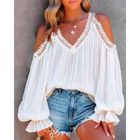 Contrast Lace Cold Shoulder Lantern Sleeve Top - white