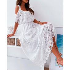 Contrast Lace Cold Shoulder Maxi Dress - white