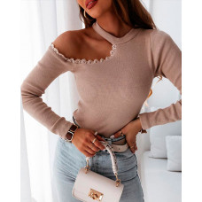 Contrast Lace Cold Shoulder Ribbed Top - Apricot