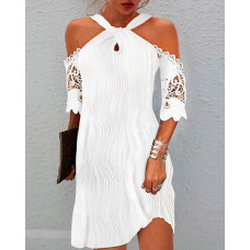 Contrast Lace Cold Shoulder Textured Casual Dress - white