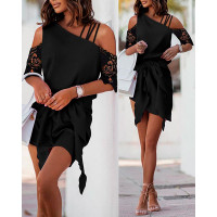 Contrast Lace Cold Shoulder Tied Detail Casual Dress - black