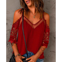 Contrast Lace Cold Shoulder Top - red