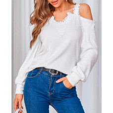 Contrast Lace Cold Shoulder Top - white