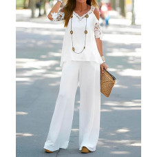 Contrast Lace Cold Shoulder Top & Wide Leg Pants Set - white