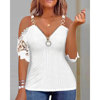 Contrast Lace Cold Shoulder Zipper Front Top - white