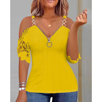 Contrast Lace Cold Shoulder Zipper Front Top - yellow