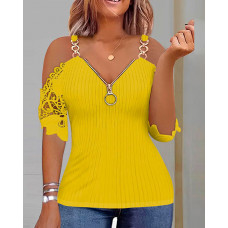 Contrast Lace Cold Shoulder Zipper Front Top - yellow