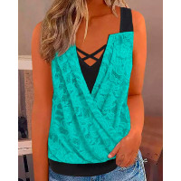 Contrast Lace Criss Cross Fake Two Piece Tank Top - blue