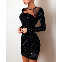 Contrast Lace Cutout Glitter Bodycon Dress - black