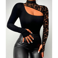 Contrast Lace Cutout Long Sleeve Top - black