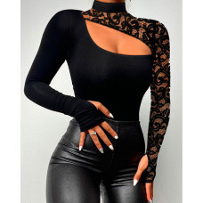 Contrast Lace Cutout Long Sleeve Top - black