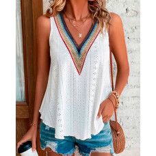 Contrast Lace Eyelet Embroidery Tank Top - white