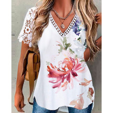 Contrast Lace Floral Print T-shirt - white