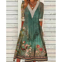 Contrast Lace Floral Tribal Print Casual Dress - green