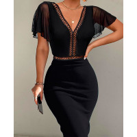 Contrast Lace Flutter Sleeve Midi Dress - black