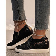 Contrast Lace Hidden Wedge Wedding Bridal Sneakers - black