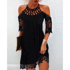 Contrast Lace Hollow-out Cold Shoulder Casual Dress - black