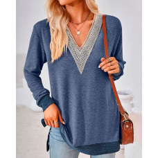 Contrast Lace Hollow-out Slit Casual Top - dark blue